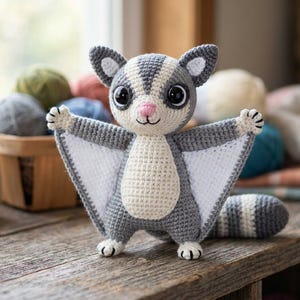 May include: A handmade crochet sugar glider toy in gray, white, and cream. The plush animal has large black eyes, a pink nose, and outstretched wings. The toy is displayed on a wooden surface.
