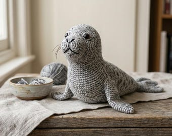 Patrón de foca gris a crochet, patrón de foca amigurumi, patrón de animal a crochet en PDF, peluche realista de foca, foca común amigurumi, tutorial de foca DIY
