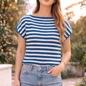 Women Knit Top Pattern, Boatneck Tee Knitting Guide PDF, Sizes XS-5XL, Garter Stitch Hem, Flutter Sleeve Top Seamless-Look Striped