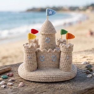 Könnte beinhalten: Eine gehäkelte Sandburg mit einem zentralen Turm und vier kleineren Türmen. Die beige Burg hat bunte Flaggen, darunter rote, gelbe, grüne, orangefarbene und eine blaue Flagge mit einem weißen Stern. Die Burg steht auf einer Holzoberfläche in Strandnähe.