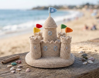 Patrón de amigurumi de castillo de arena a crochet, PDF paso a paso para principiantes, decoración infantil con temática playera, proyecto de crochet de verano, juguete de castillo medieval