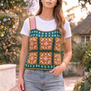 Puede incluir: Un top de ganchillo colorido con cuello cuadrado y tirantes. El top presenta un diseño de patchwork con cuadrados rosas, dorados y turquesas. La modelo lleva una camiseta blanca y vaqueros azules.