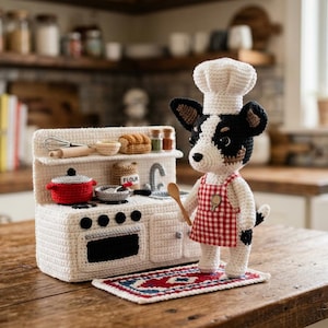 May include: Crocheted dog chef wearing a red and white checkered apron and chef's hat, holding a wooden spoon. A crocheted kitchen set with a stove, pots, and miniature food items sits nearby on a wooden table. A small rug is under the dog.