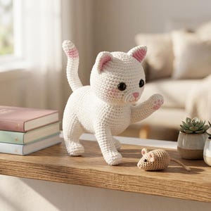 May include: A handmade white crochet cat with pink accents, standing on a wooden shelf. The cat has black eyes and a pink nose and paws. A small crochet mouse sits nearby. Two small potted succulents and a stack of books are also on the shelf.