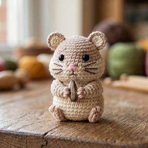 May include: A crocheted hamster figurine in tan yarn, holding a sunflower seed. The handmade amigurumi has black eyes, pink nose, and whiskers. The ears and feet are detailed. The hamster is sitting on a wooden surface.