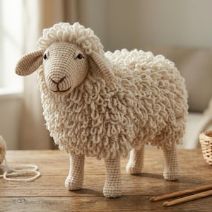 Puede incluir: Una figura de oveja de ganchillo hecha a mano, de color crema, con un cuerpo esponjoso y texturizado y rasgos faciales detallados. La oveja se apoya en cuatro patas robustas y tiene una apariencia encantadora y caprichosa. La figura se exhibe sobre una superficie de madera.