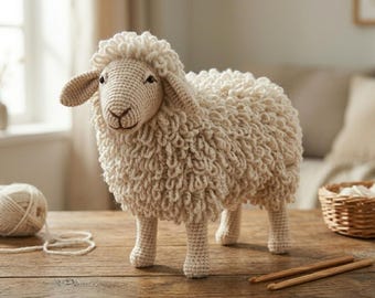 Patrón de oveja a crochet en PDF, tutorial de oveja amigurumi, oveja con punto de bucle, patrón de animal de peluche, crochet para principiantes, descarga instantánea