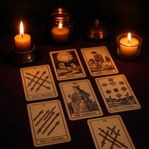 May include: A mystical arrangement of tarot cards illuminated by candlelight. The cards, featuring illustrations and titles such as "The Fool" and "Ten of Swords", are arranged on a dark surface. Several candles in holders and glass containers are lit.