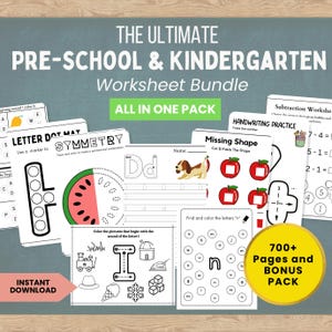 Könnte beinhalten: Ein digitales Arbeitsblatt-Paket für Vorschule und Kindergarten. Die Sammlung umfasst über 700 Seiten mit Aktivitäten wie Buchstaben nachspuren, Subtraktionsaufgaben, Schreibübungen und Übungen zur Identifizierung von Formen.