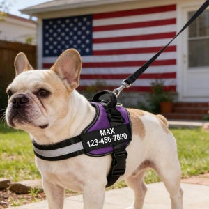 Puede incluir: Un bulldog francés con un arnés morado y negro con el nombre "MAX" y un número de teléfono en una etiqueta negra. El perro es blanco y canela, con una correa negra adjunta. El fondo presenta una bandera estadounidense.