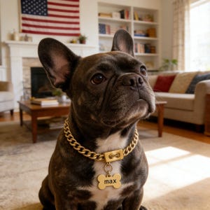 Può includere: Un bulldog francese tigrato indossa un collare a catena dorata con un'etichetta a forma di osso con la scritta "max". Il cane ha il pelo scuro con segni più chiari e guarda in alto. Sullo sfondo c'è una bandiera americana.
