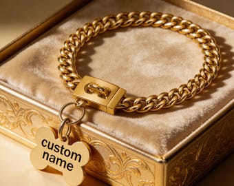 Collar de perro de acero inoxidable dorado personalizado, placa de identificación de lujo pesada