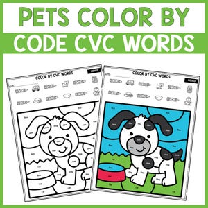 Può includere: Due schede didattiche intitolate PETS COLOR BY CODE CVC WORDS. Un foglio è in bianco e nero, l'altro è parzialmente colorato, con un cucciolo, una ciotola per il cibo e una legenda con icone come un autobus, un cappello e un barattolo.