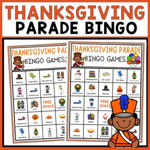 May include: Thanksgiving Parade Bingo game cards with colourful illustrations of parade elements. The cards feature the text "Thanksgiving Parade Bingo". A fun activity for the holiday, with images of floats, balloons, and characters.