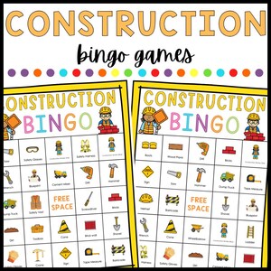 May include: Two construction bingo game cards featuring the text CONSTRUCTION BINGO at the top. Each card contains a grid of colourful illustrations including construction workers, tools, vehicles, and safety gear, with a central free space.