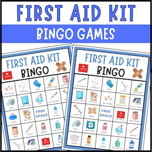 Puede incluir: Dos hojas de juego de bingo de botiquín con varias ilustraciones de suministros médicos, incluyendo vendas, termómetros y botiquines. El texto "FIRST AID KIT BINGO GAMES" se muestra en la parte superior.