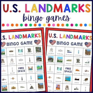 May include: Two U.S. Landmarks Bingo game cards with a red border. The top of the cards read "U.S. LANDMARKS bingo games" in colorful letters. Each card has a grid of images of U.S. landmarks. The words "U.S. LANDMARKS BINGO GAME" are at the top of each card.