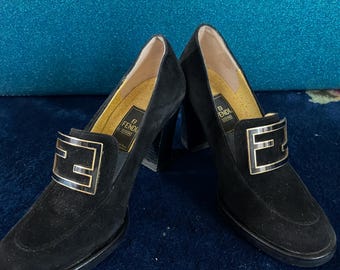 Vintage Fendi black suede heels small size 4 1/2
