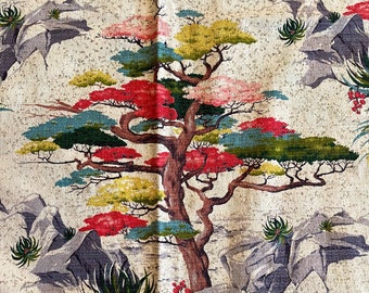 Mid Century modern Barkcloth Drapery Panels: Bonsai Tree Print, 45"x56.5"