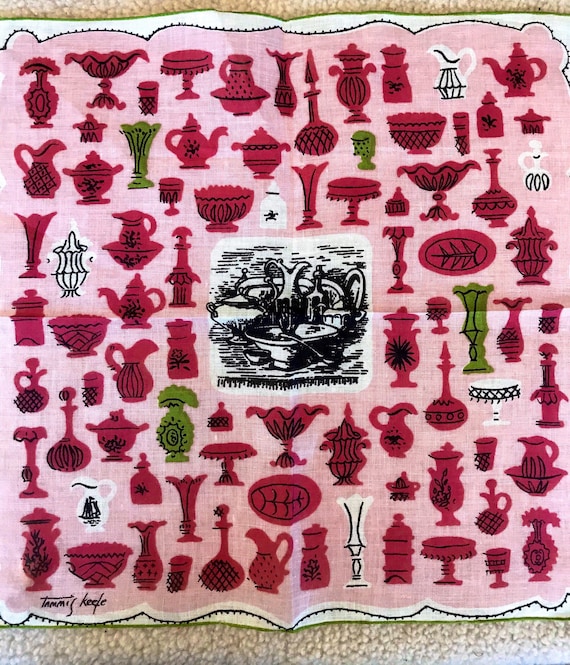 Vintage Mid CENTURY Linen Handkerchief POPPIES-Poppy-Hanky~Unused-1940-1950s