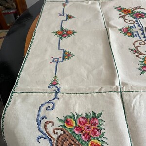 May include: A white linen tablecloth with a green border and embroidered floral designs in shades of red, pink, yellow, blue, and green.