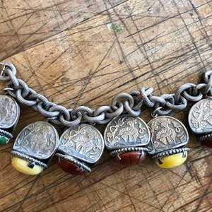 Vintage signed bracelet Napier charm bracelet with coins and faux multi color stones free shipping image 4