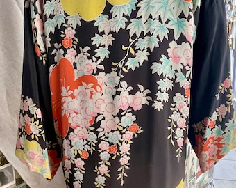 100-Year-Old Chinese Art Deco Silk Pongee Robe: Hand-Printed Floral Kimono