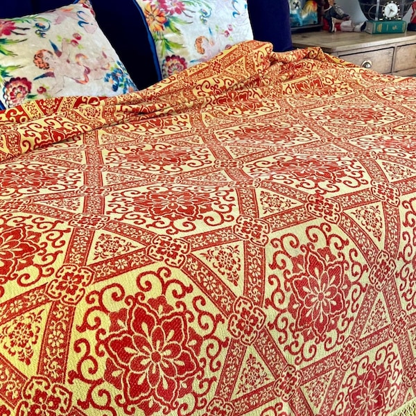 Bates bedspread mid century orange yellow fringe