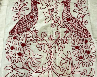 Vintage hand embroidered pillow front  with hand crocheted lace border