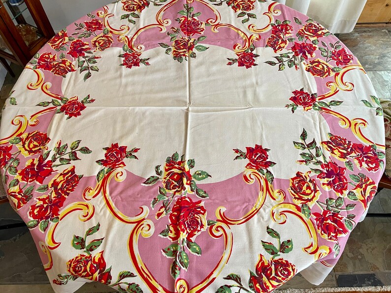 1950s Vintage Tablecloth Red Roses With Pink and Yellow Border | Etsy