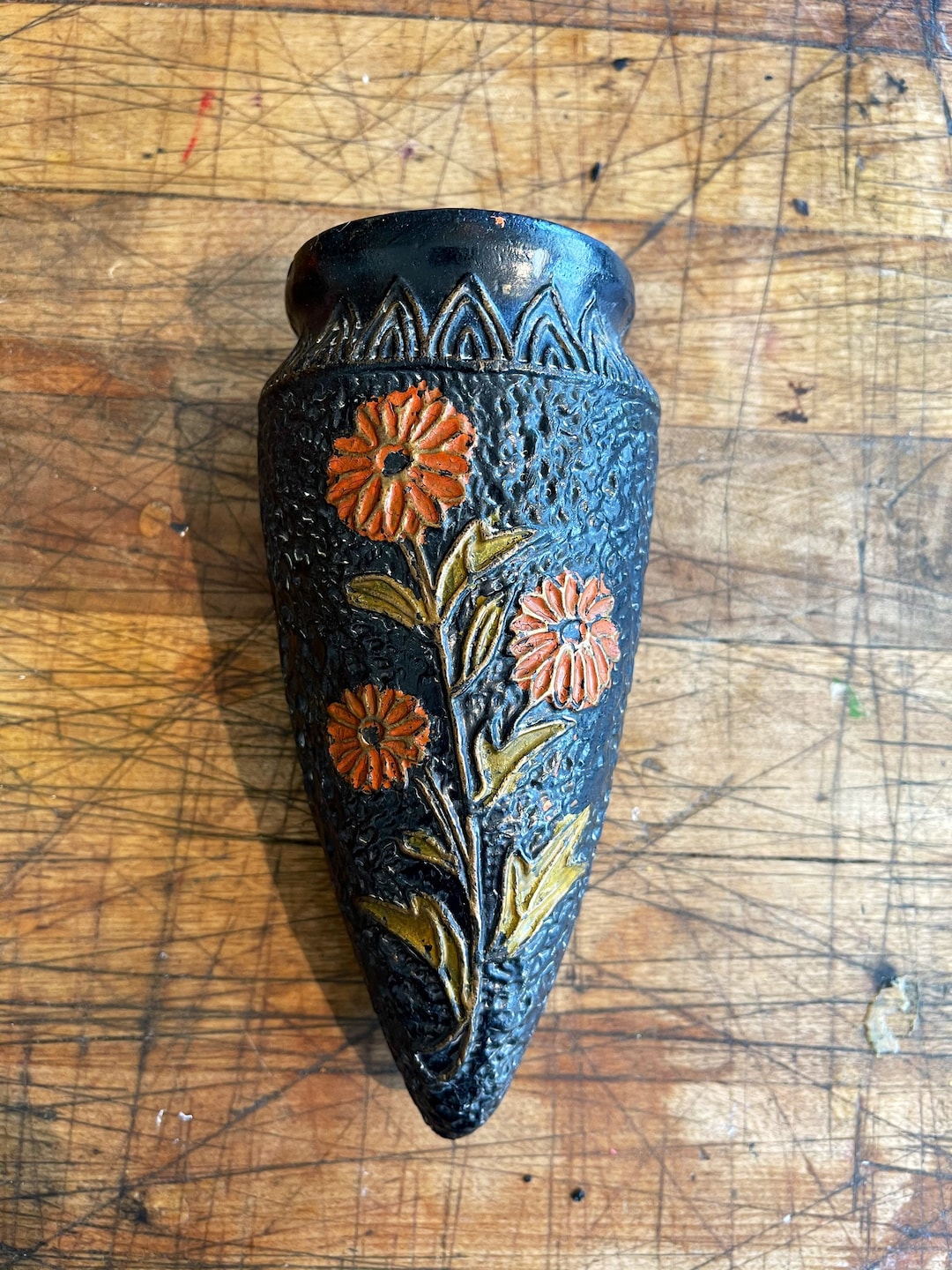 Vintage Pottery Wall Pocket: Hand-painted Floral Decor, Made in