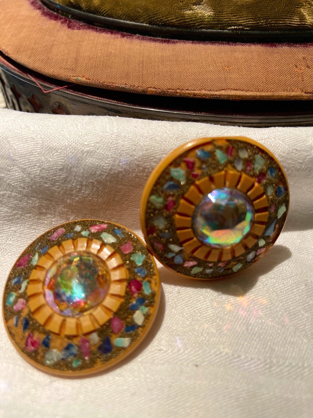 Vintage Bakelite Clip on Earrings Iridescent and Mosaic Repurposed From