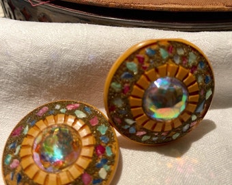 Bakelite clip on earrings iridescent and mosaic repurposed from buttons.