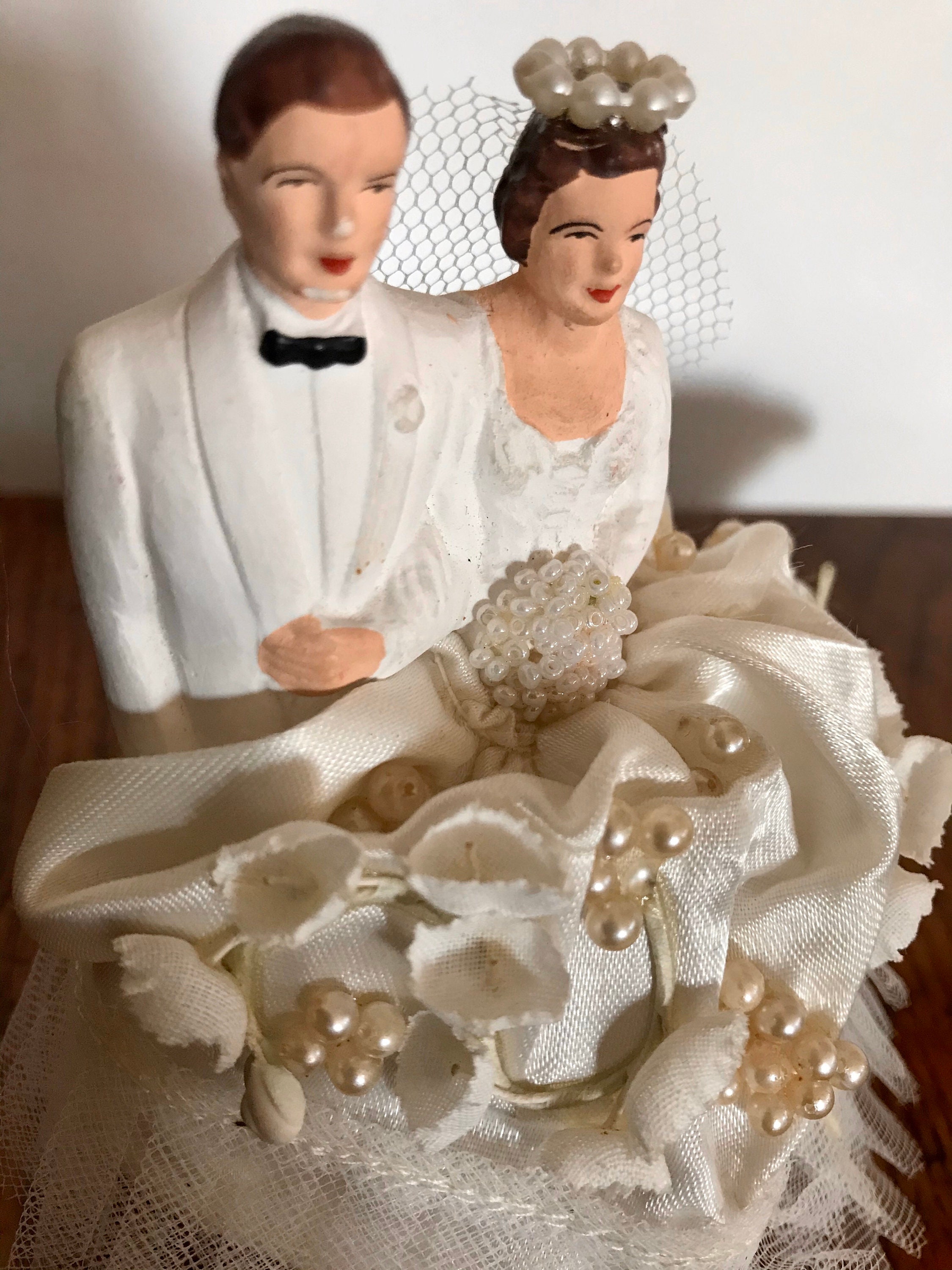 Vintage 1950s Wedding Cake Topper Satin Lace Pearls Veil Fab