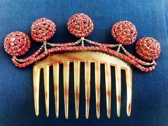 Antique French hair comb 1920s art nouveau garnet… - image 1