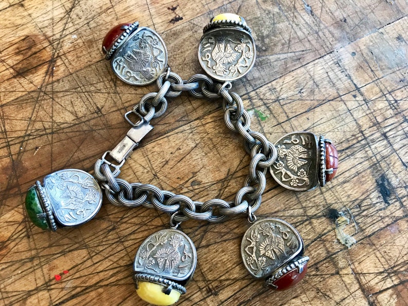 Vintage signed bracelet Napier charm bracelet with coins and faux multi color stones free shipping image 7