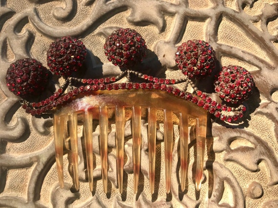 Antique French hair comb 1920s art nouveau garnet… - image 2