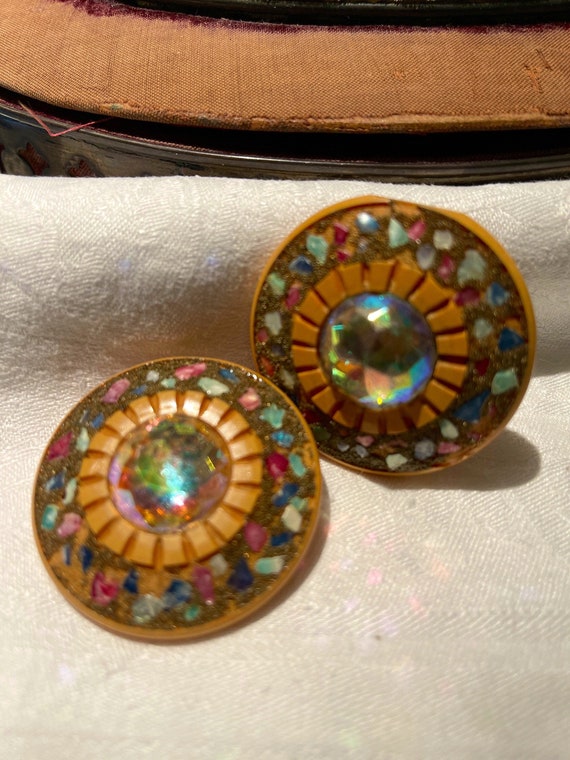 Vintage Bakelite clip on earrings iridescent and … - image 3