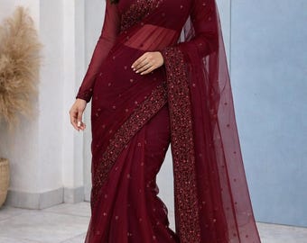Bollywood Celebrity Sequin Work Saree Recepation Party Wear Designer Georgette Saree