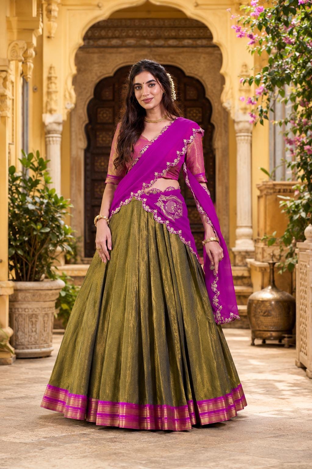 Kanchipuram Silk Lehenga Choli Set Zari Woven Wedding Wear