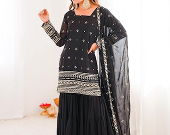 Black Georgette Sharara Suit: Sequins, Indian Wedding Outfit