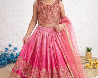 Lehenga Choli de seda chinon rosa para niña / Traje festivo indio bordado