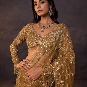 Designer Saree in Olive Gold, Embroidered Net Fabric with Sequins