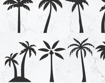 May include: A collection of eight black palm tree silhouettes in various styles. The image includes the text "File: - SVG - PNG - 300DPI". These tropical designs are suitable for digital art projects, crafts, or decorations.