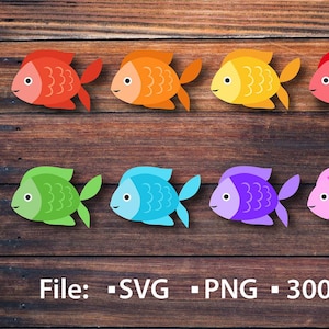 Może przedstawiać: Kolekcja ośmiu kolorowych ilustracji ryb w kolorach czerwonym, pomarańczowym, żółtym, czerwonym, zielonym, niebieskim, fioletowym i różowym. Każda ryba ma unikalny kolor i stylizowany design. Obraz zawiera tekst "File: - SVG - PNG - 300DPI".