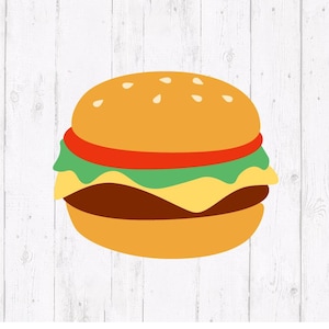 May include: A flat graphic illustration of a cheeseburger featuring a golden-brown bun with white sesame seeds on top, a bright red tomato slice, a layer of green lettuce, a slice of yellow cheese, and a dark brown beef patty on the bottom.