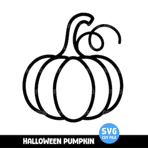 May include: A black and white line art graphic of a pumpkin with a stem and a curly vine. The design features bold outlines and a circular blue badge in the bottom right corner containing the white text SVG CUT FILE and HALLOWEEN PUMPKIN.