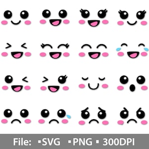 May include: A collection of sixteen cartoon faces with black eyes, pink cheeks, and various expressions including smiling, winking, crying, and frowning. The text at the bottom reads: File: SVG PNG 300DPI. These graphic elements feature simple lines and bold colors.