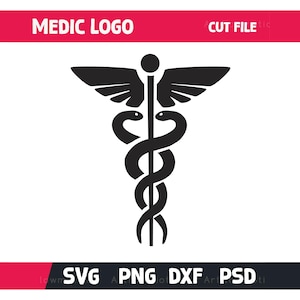 Puede incluir: Símbolo médico negro del Caduceo con dos serpientes, alas y un bastón. Las palabras "MEDIC LOGO" y "CUT FILE" están en la parte superior. Debajo del símbolo están los tipos de archivo: SVG, PNG, DXF y PSD.