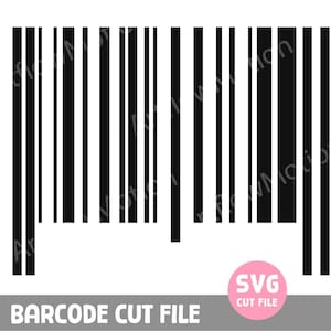 Könnte beinhalten: Ein schwarz-weißes Strichcode-Grafikdesign mit vertikalen Linien unterschiedlicher Breite. Das Bild enthält ein rosa kreisförmiges Abzeichen in der unteren rechten Ecke mit dem weißen Text SVG CUT FILE und dem Text BARCODE CUT FILE darunter.